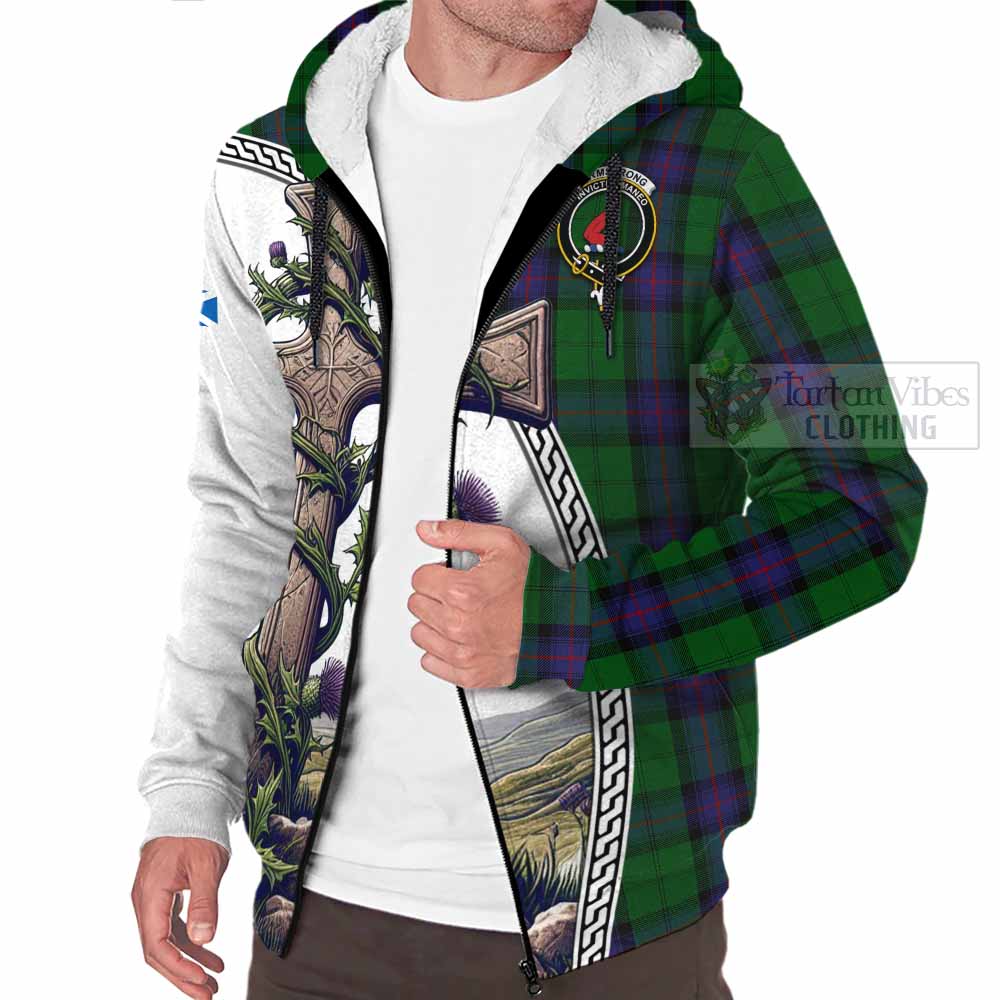 Tartan Vibes Clothing Armstrong Tartan Sherpa Hoodie with Family Crest and St. Andrew's Cross Accented by Thistle Vines