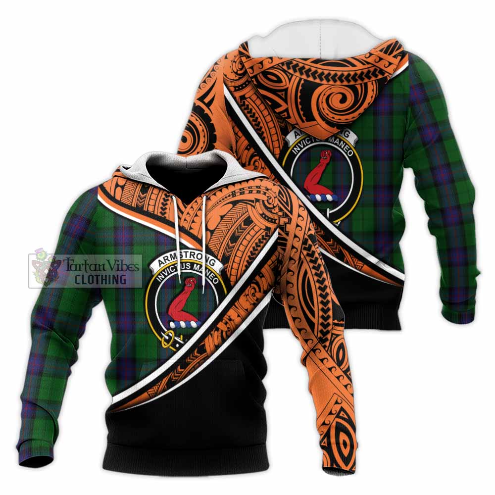 Tartan Vibes Clothing Armstrong Crest Tartan Knitted Hoodie with Maori Tattoo Style - Orange Version