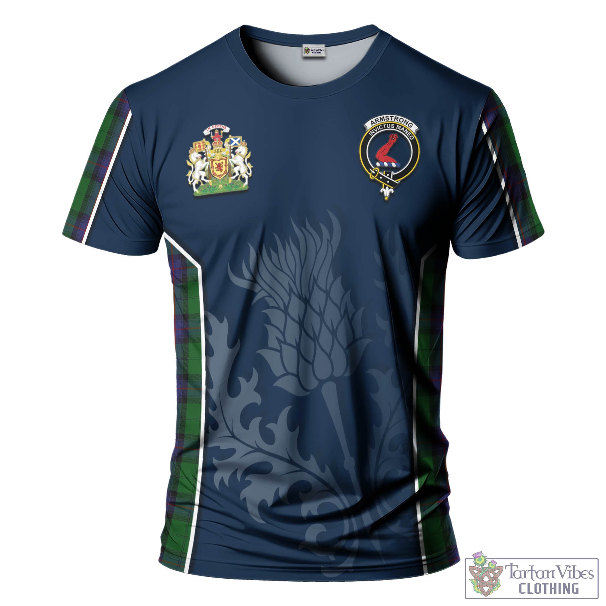 Tartan Vibes Clothing Armstrong Tartan T-Shirt with Family Crest and Scottish Thistle Vibes Sport Style