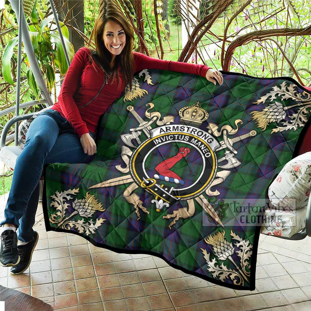 Tartan Vibes Clothing Armstrong Tartan Quilt with Family Crest and Scottish Golden Courage Shield