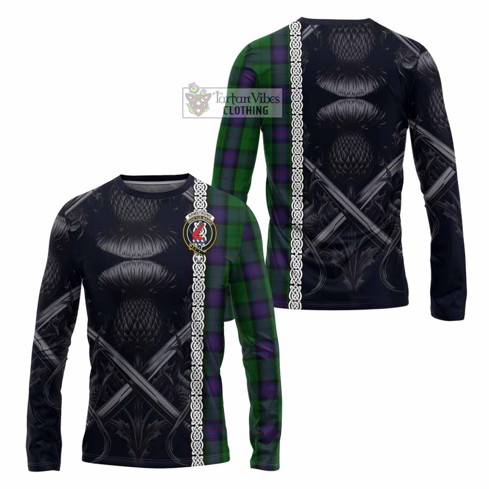 Tartan Vibes Clothing Armstrong Tartan Long Sleeve T-Shirt with Family Crest Cross Sword Thistle Celtic Vibes