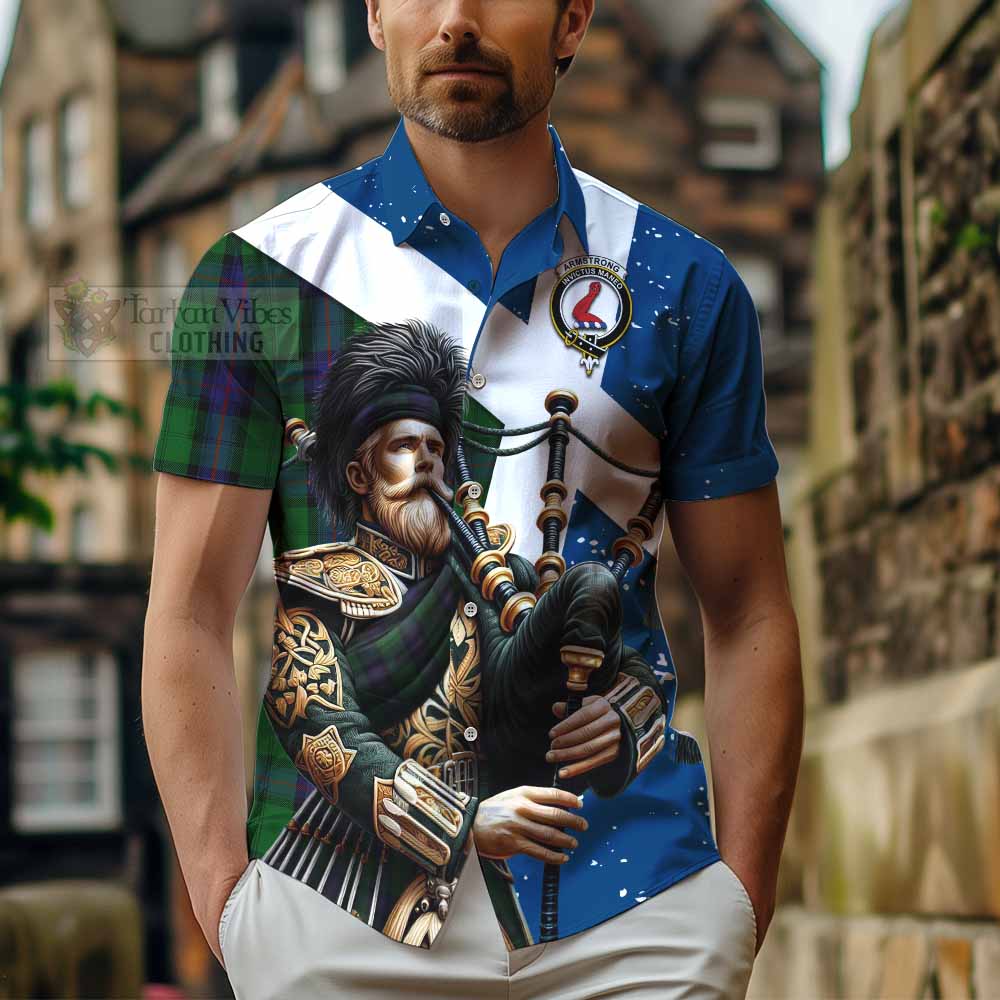 Tartan Vibes Clothing Armstrong Tartan Short Sleeve Button Shirt with Family Crest Scottish Bagpiper Vibes