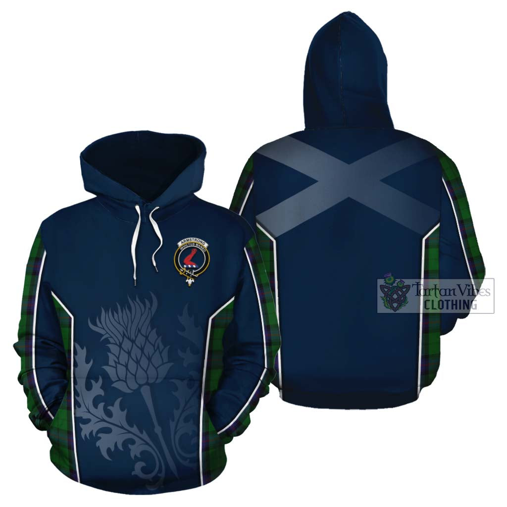 Tartan Vibes Clothing Armstrong Tartan Cotton Hoodie with Family Crest and Scottish Thistle Vibes Sport Style