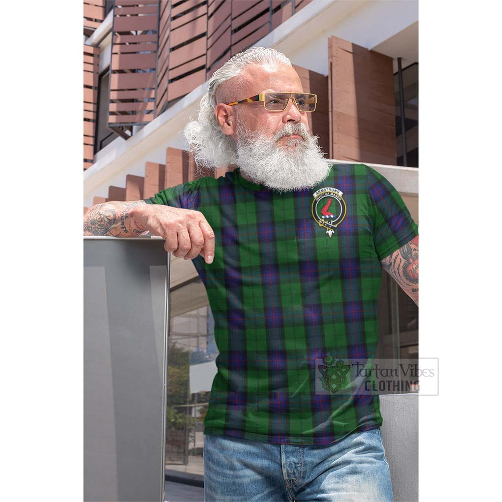 Tartan Vibes Clothing Armstrong Tartan Cotton T-shirt with Family Crest and Bearded Skull Holding Bottles of Whiskey