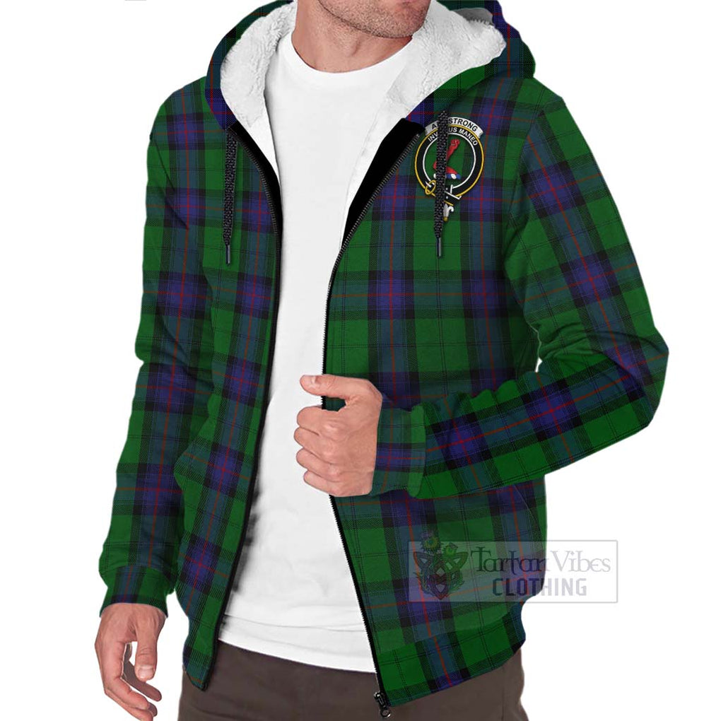 Tartan Vibes Clothing Armstrong Tartan Sherpa Hoodie with Family Crest and Bearded Skull Holding Bottles of Whiskey