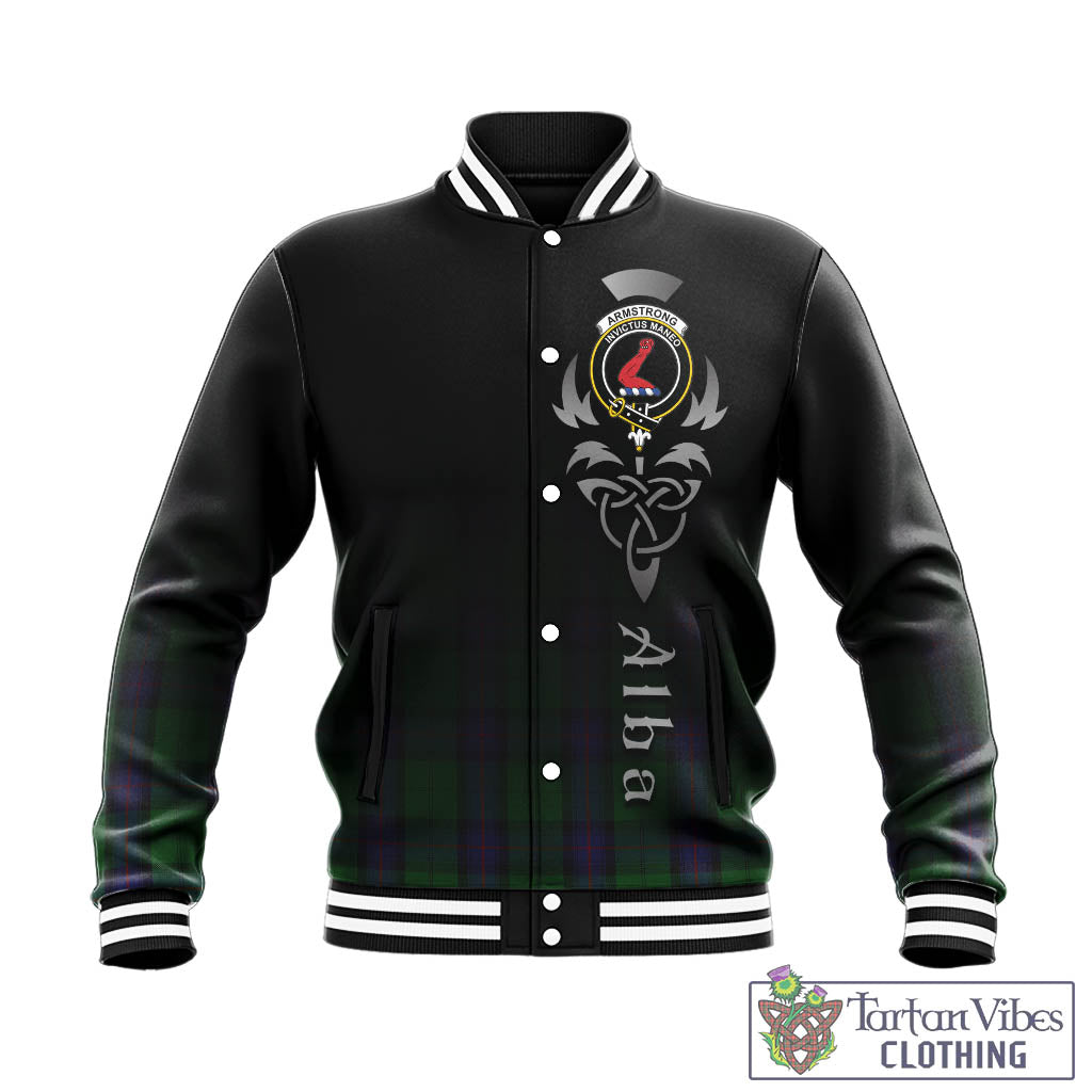 Tartan Vibes Clothing Armstrong Tartan Baseball Jacket Featuring Alba Gu Brath Family Crest Celtic Inspired