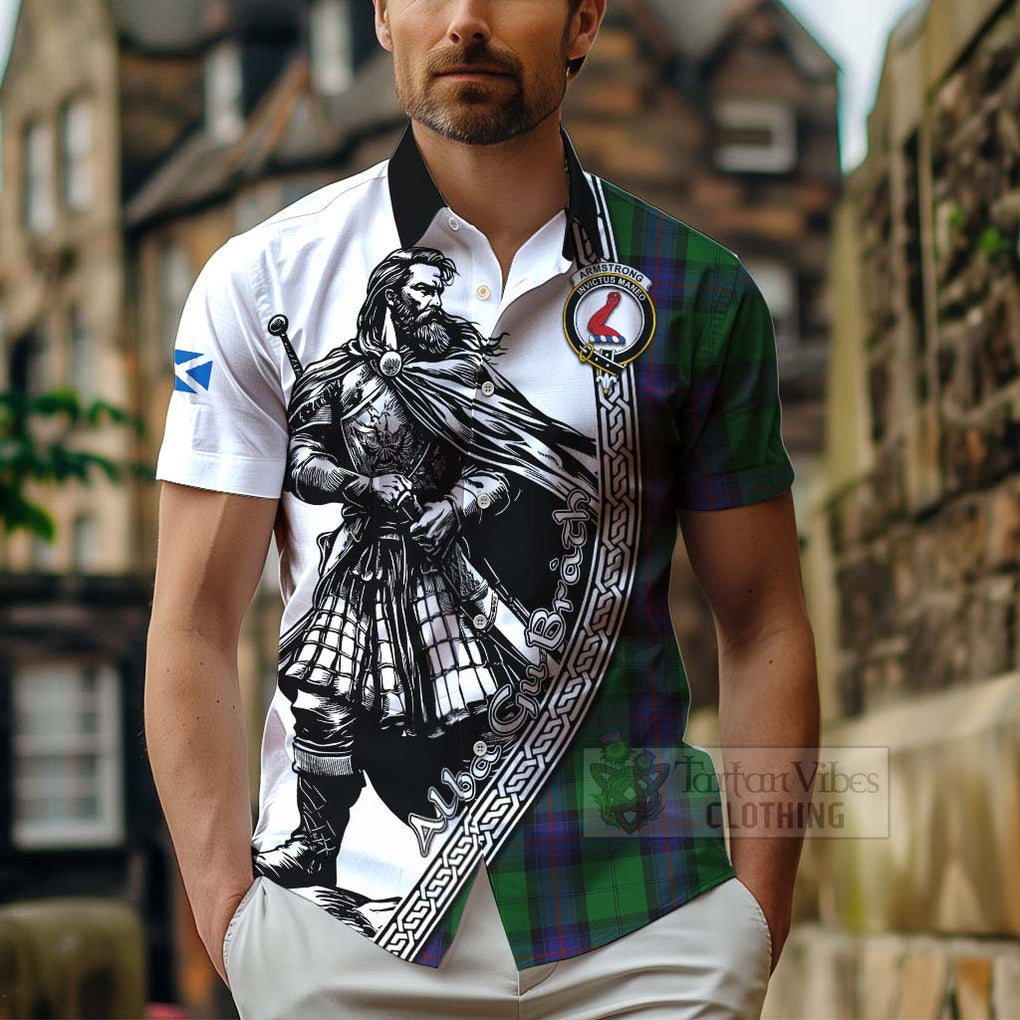 Tartan Vibes Clothing Armstrong Tartan Clan Crest Short Sleeve Button Shirt with Highlander Warrior Celtic Style