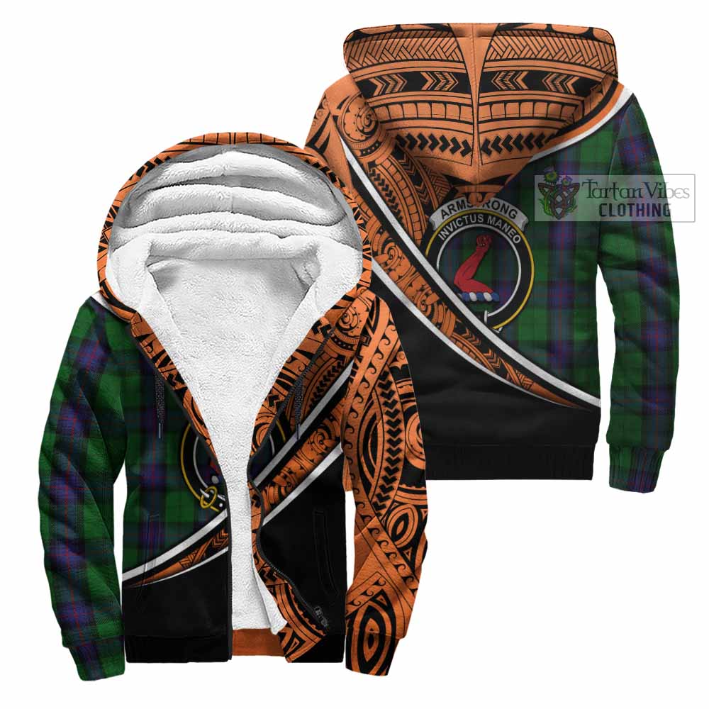 Tartan Vibes Clothing Armstrong Crest Tartan Sherpa Hoodie with Maori Tattoo Style - Orange Version