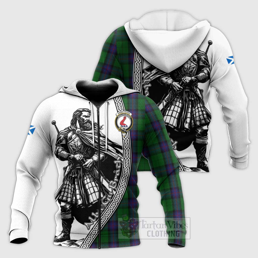 Tartan Vibes Clothing Armstrong Tartan Clan Crest Knitted Hoodie with Highlander Warrior Celtic Style