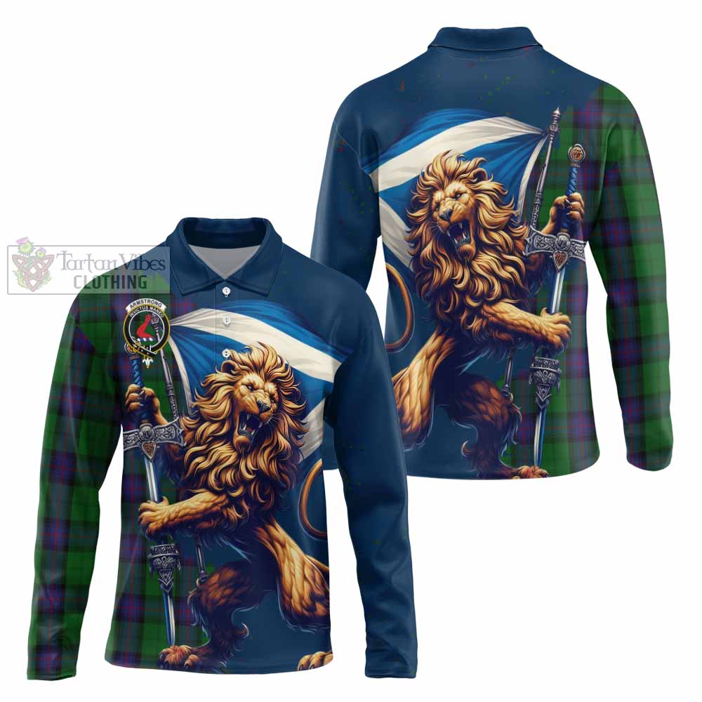 Tartan Vibes Clothing Armstrong Tartan Family Crest Long Sleeve Polo Shirt with Scottish Majestic Lion