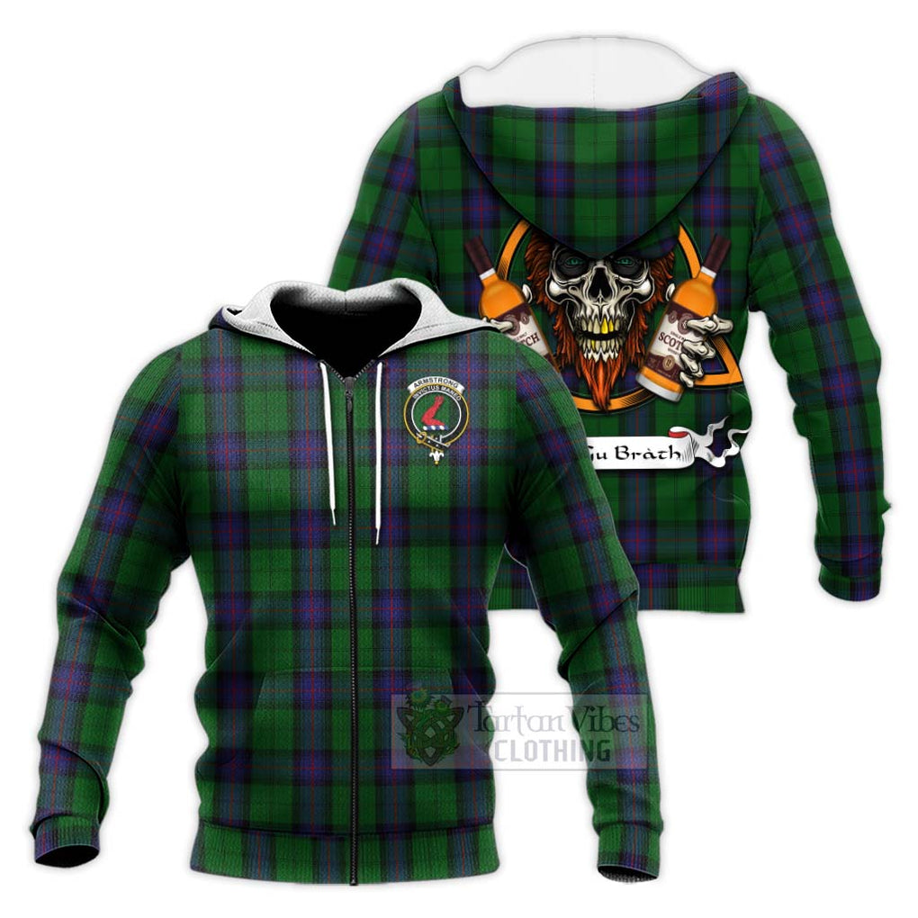 Tartan Vibes Clothing Armstrong Tartan Knitted Hoodie with Family Crest and Bearded Skull Holding Bottles of Whiskey