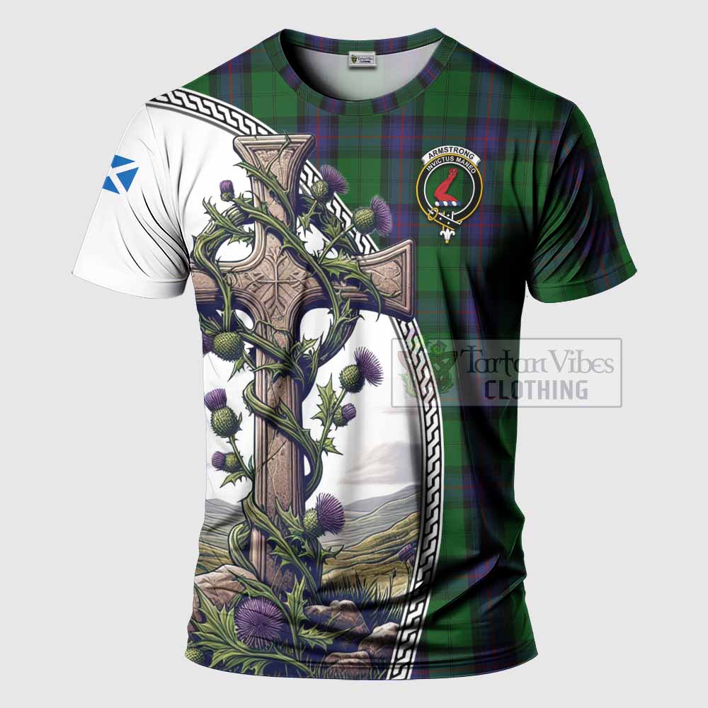 Tartan Vibes Clothing Armstrong Agnew Tartan T-Shirt with Family Crest and St. Andrew's Cross Accented by Thistle Vines