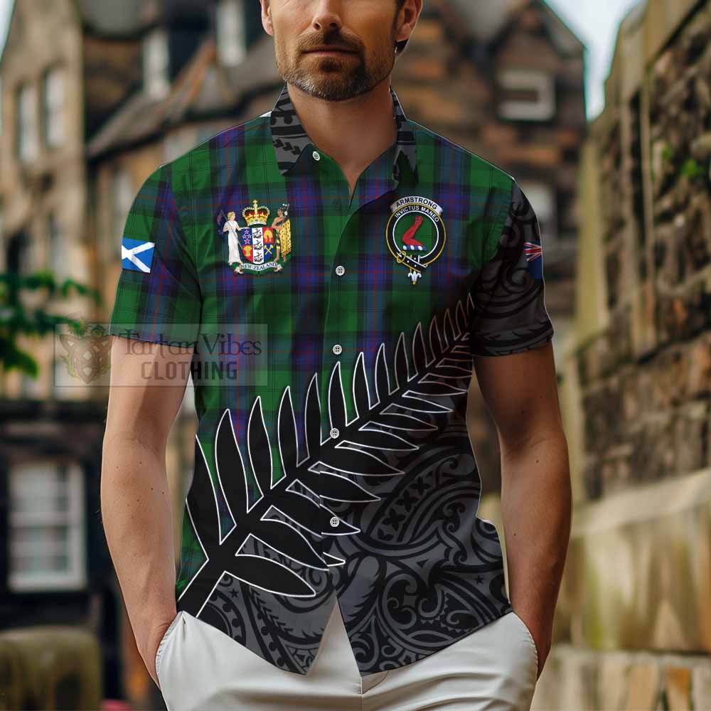 Tartan Vibes Clothing Armstrong Crest Tartan Short Sleeve Button Shirt with New Zealand Silver Fern Half Style