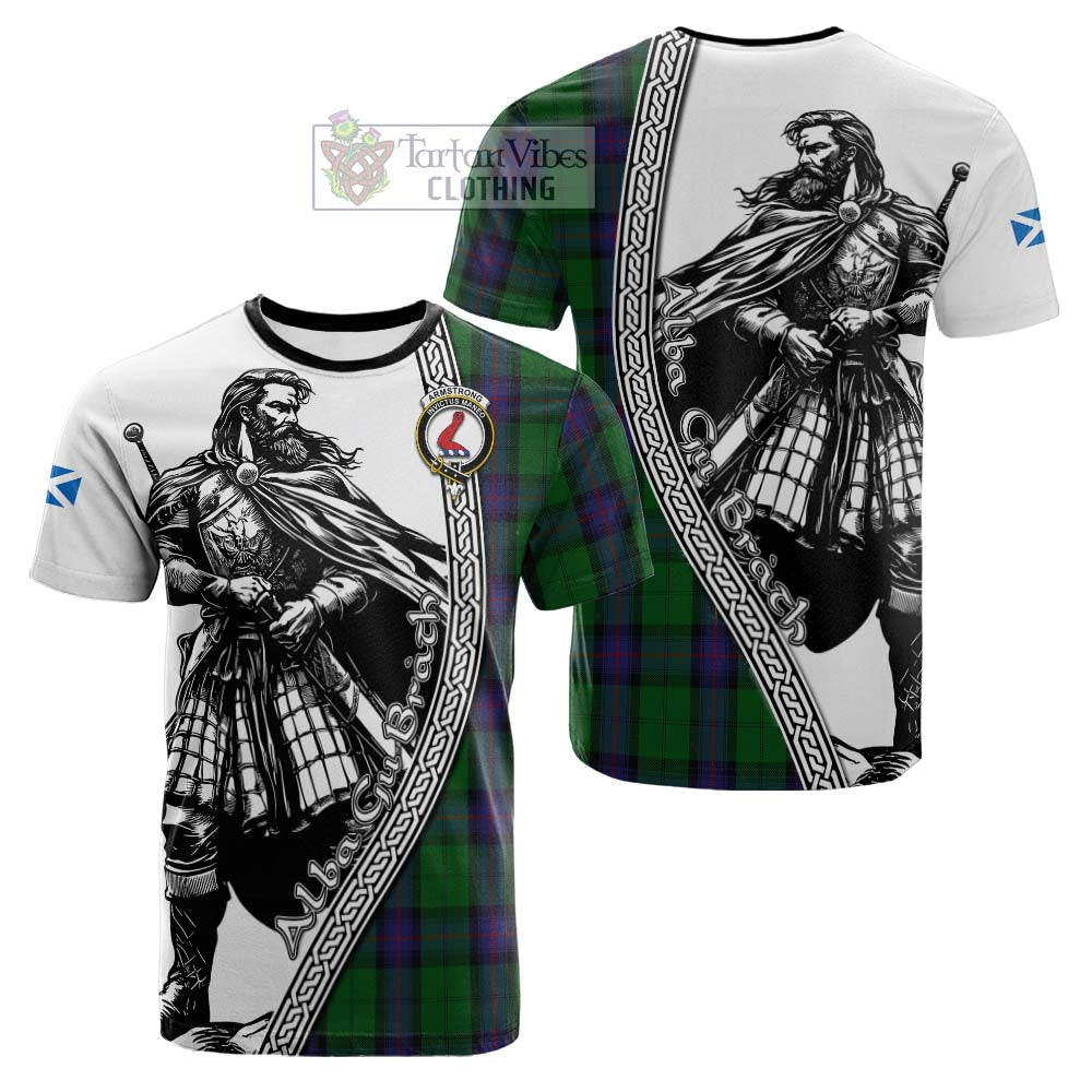 Armstrong Tartan Clan Crest Cotton T-shirt with Highlander Warrior Celtic Style