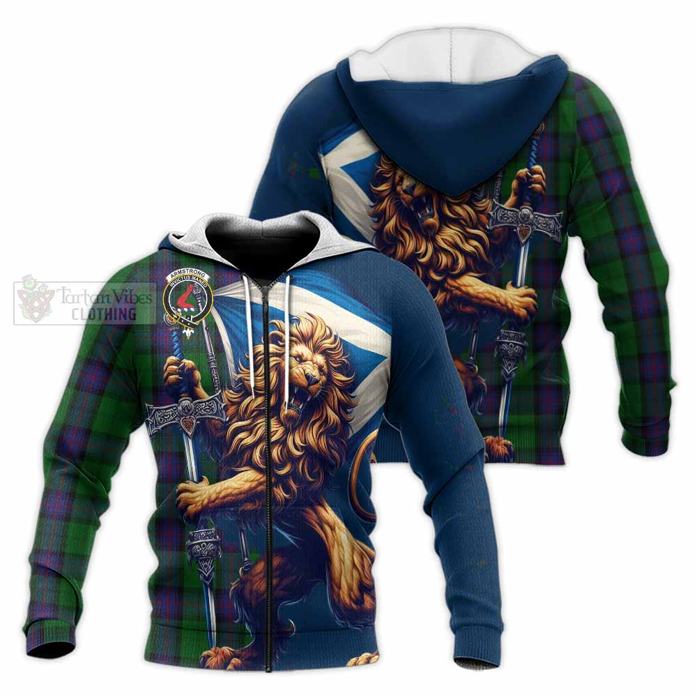 Tartan Vibes Clothing Armstrong Tartan Family Crest Knitted Hoodie with Scottish Majestic Lion