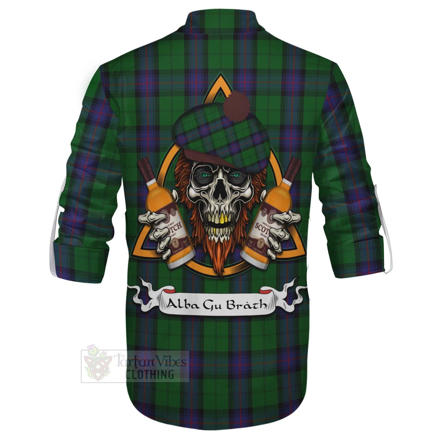 Tartan Vibes Clothing Armstrong Tartan Ghillie Kilt Shirt with Family Crest and Bearded Skull Holding Bottles of Whiskey