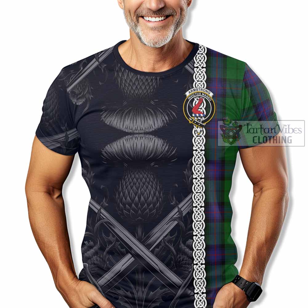 Tartan Vibes Clothing Armstrong Tartan T-Shirt with Family Crest Cross Sword Thistle Celtic Vibes