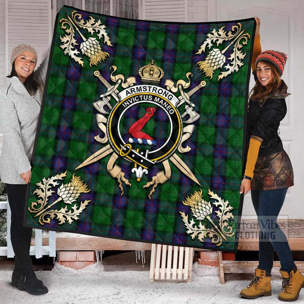 Tartan Vibes Clothing Armstrong Tartan Quilt with Family Crest and Scottish Golden Courage Shield