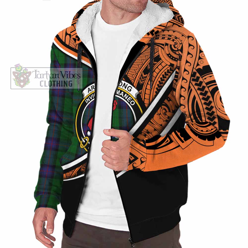 Tartan Vibes Clothing Armstrong Crest Tartan Sherpa Hoodie with Maori Tattoo Style - Orange Version