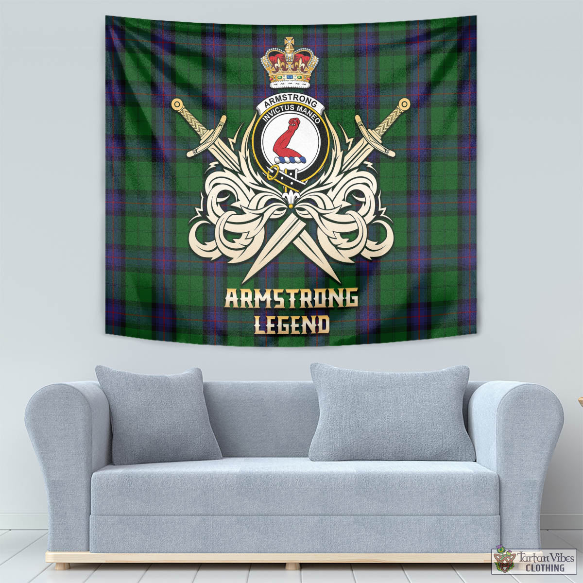 Tartan Vibes Clothing Armstrong Tartan Tapestry with Clan Crest and the Golden Sword of Courageous Legacy