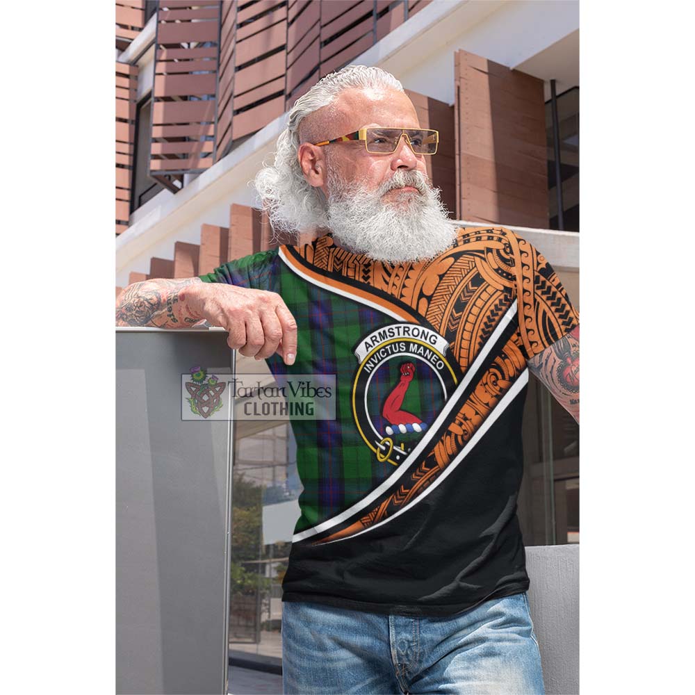 Tartan Vibes Clothing Armstrong Crest Tartan Cotton T-shirt with Maori Tattoo Style - Orange Version