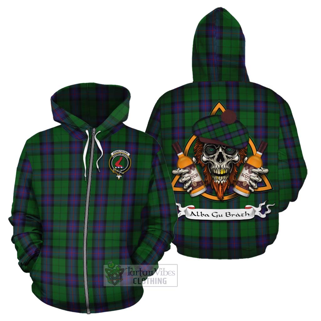 Tartan Vibes Clothing Armstrong Tartan Cotton Hoodie with Family Crest and Bearded Skull Holding Bottles of Whiskey