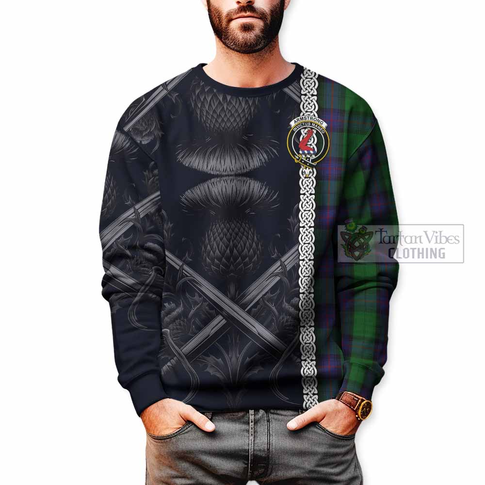 Tartan Vibes Clothing Armstrong Tartan Sweatshirt with Family Crest Cross Sword Thistle Celtic Vibes