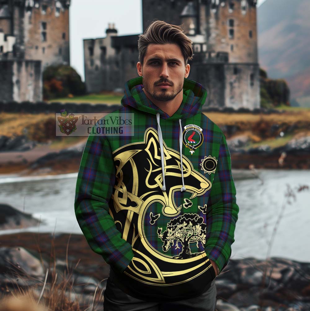 Tartan Vibes Clothing Armstrong Tartan Cotton Hoodie with Family Crest Celtic Wolf Style