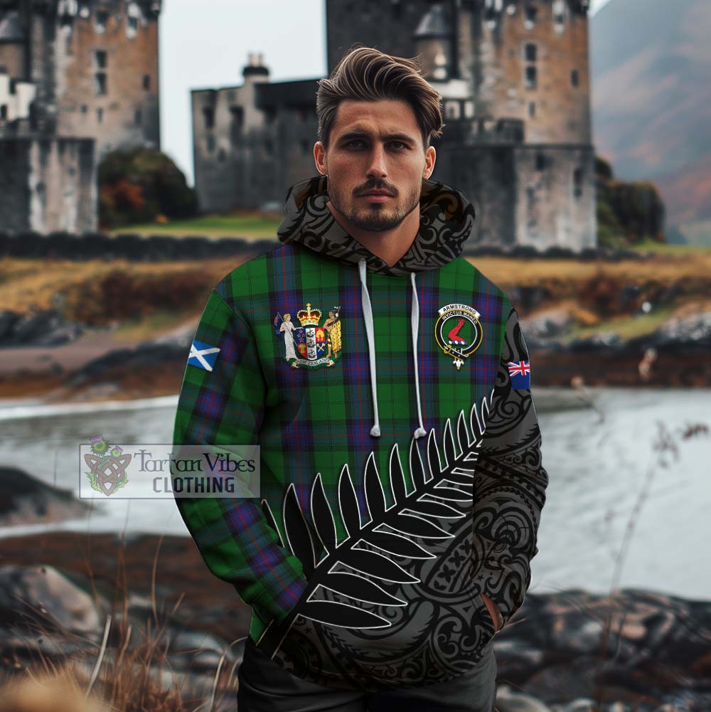 Tartan Vibes Clothing Armstrong Crest Tartan Cotton Hoodie with New Zealand Silver Fern Half Style