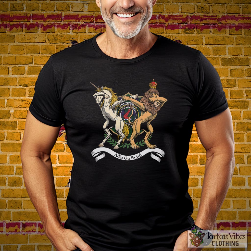 Tartan Vibes Clothing Armstrong Family Crest Cotton Men's T-Shirt with Scotland Royal Coat Of Arm Funny Style