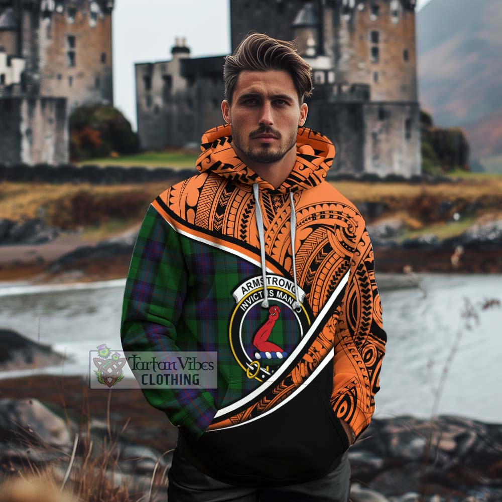 Tartan Vibes Clothing Armstrong Crest Tartan Cotton Hoodie with Maori Tattoo Style - Orange Version