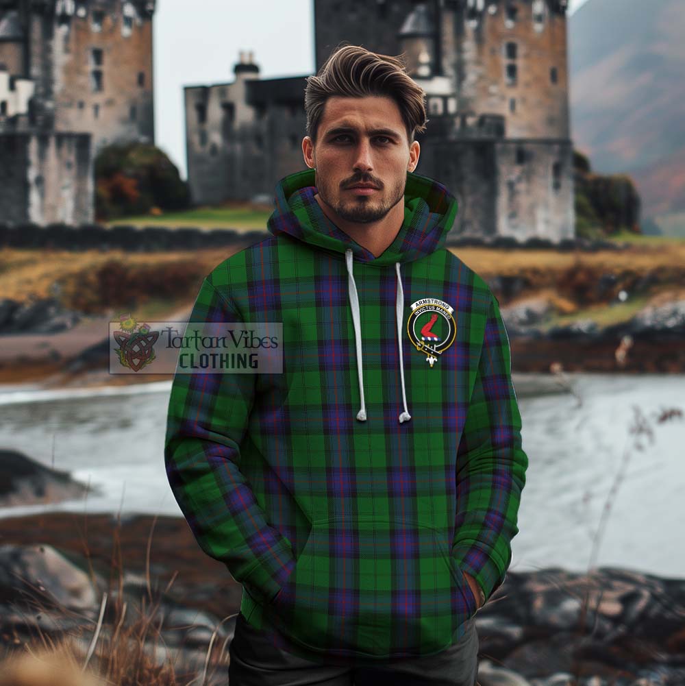 Tartan Vibes Clothing Armstrong Tartan Cotton Hoodie with Family Crest Celtic Skull Style