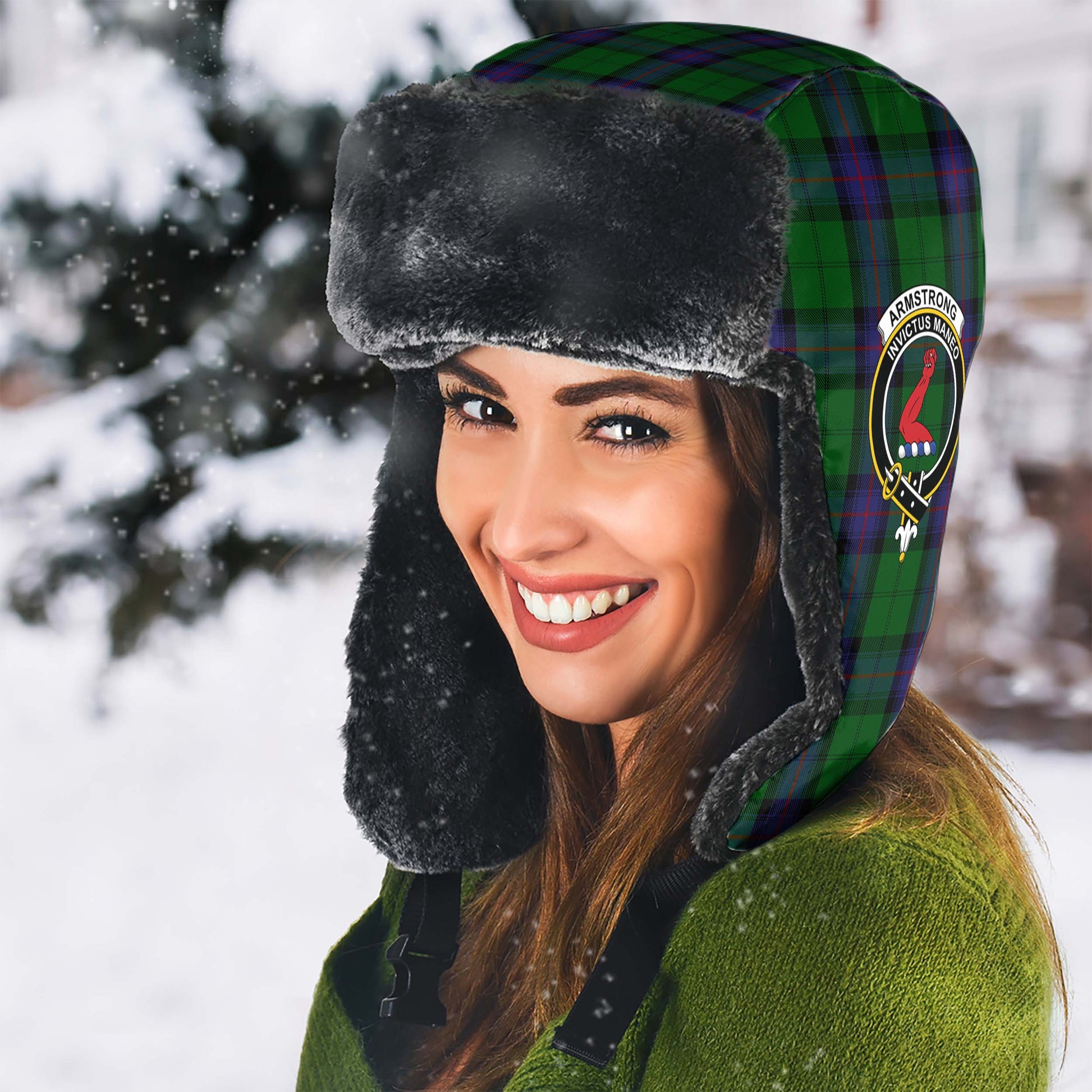 Armstrong Tartan Winter Trapper Hat with Family Crest - Tartanvibesclothing