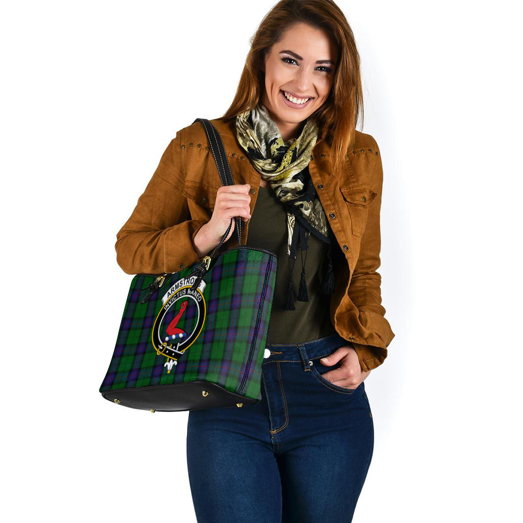 Armstrong Tartan Leather Tote Bag with Family Crest - Tartanvibesclothing