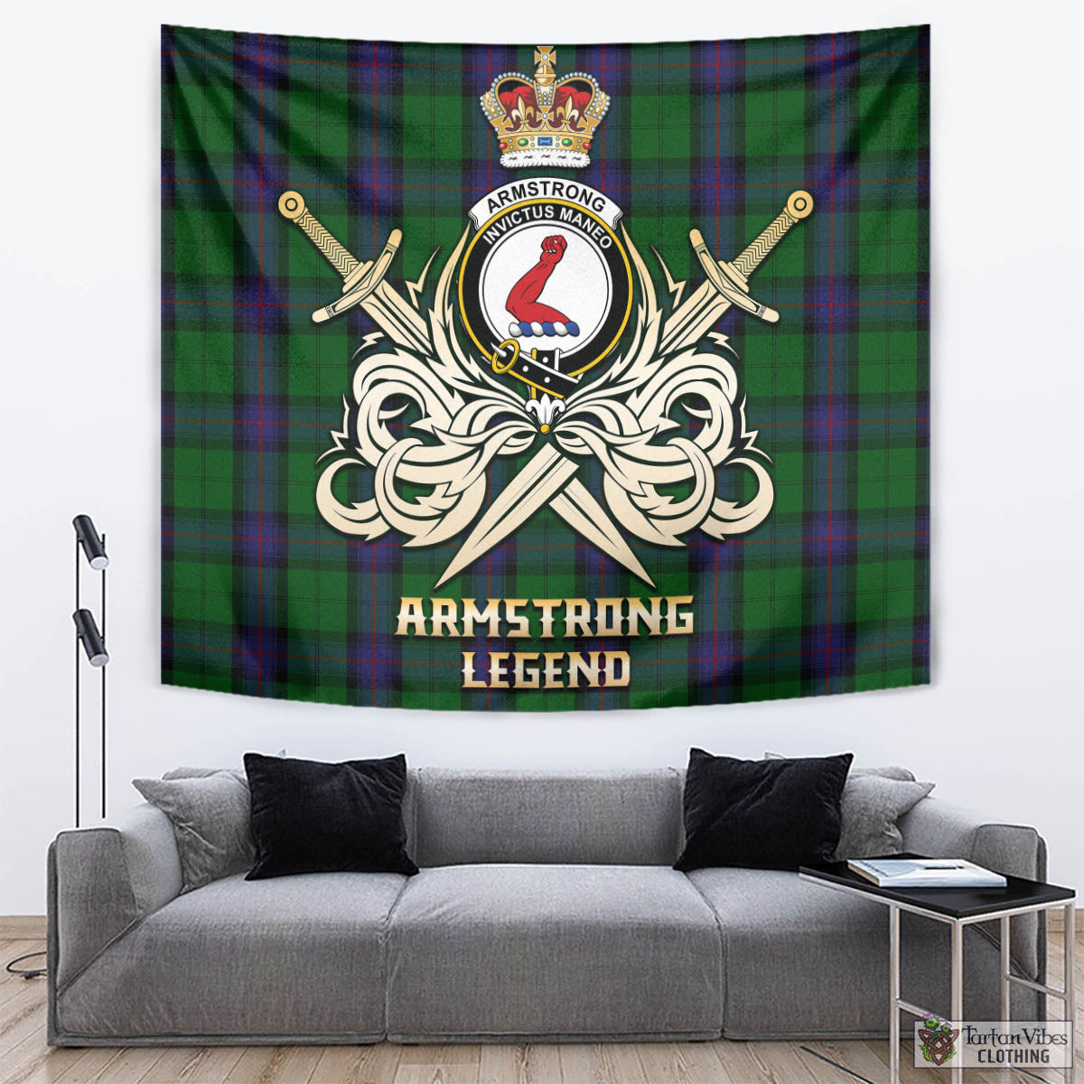 Tartan Vibes Clothing Armstrong Tartan Tapestry with Clan Crest and the Golden Sword of Courageous Legacy