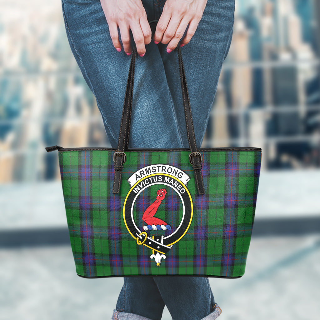 Armstrong Tartan Leather Tote Bag with Family Crest - Tartanvibesclothing