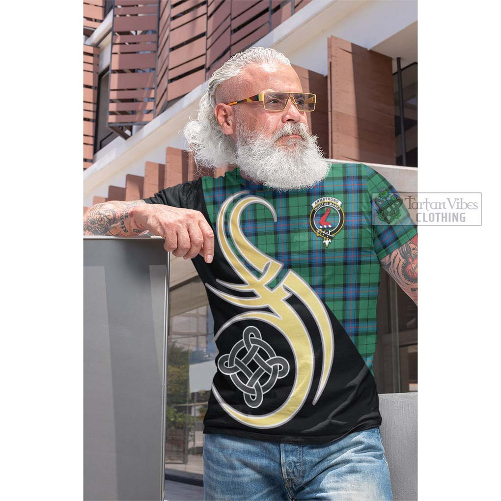 Tartan Vibes Clothing Armstrong Ancient Tartan Cotton T-shirt with Family Crest and Celtic Symbol Style