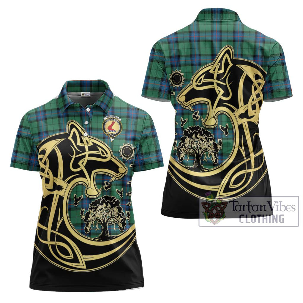 Armstrong Ancient Tartan Women's Polo Shirt with Family Crest Celtic Wolf Style Women - Tartanvibesclothing Shop