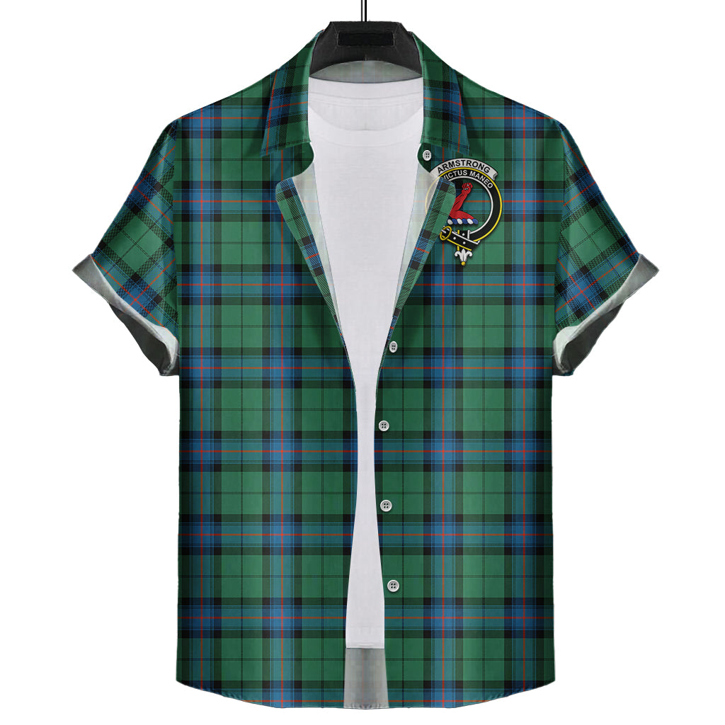 Armstrong Ancient Tartan Short Sleeve Button Down Shirt with Family Crest - Tartanvibesclothing