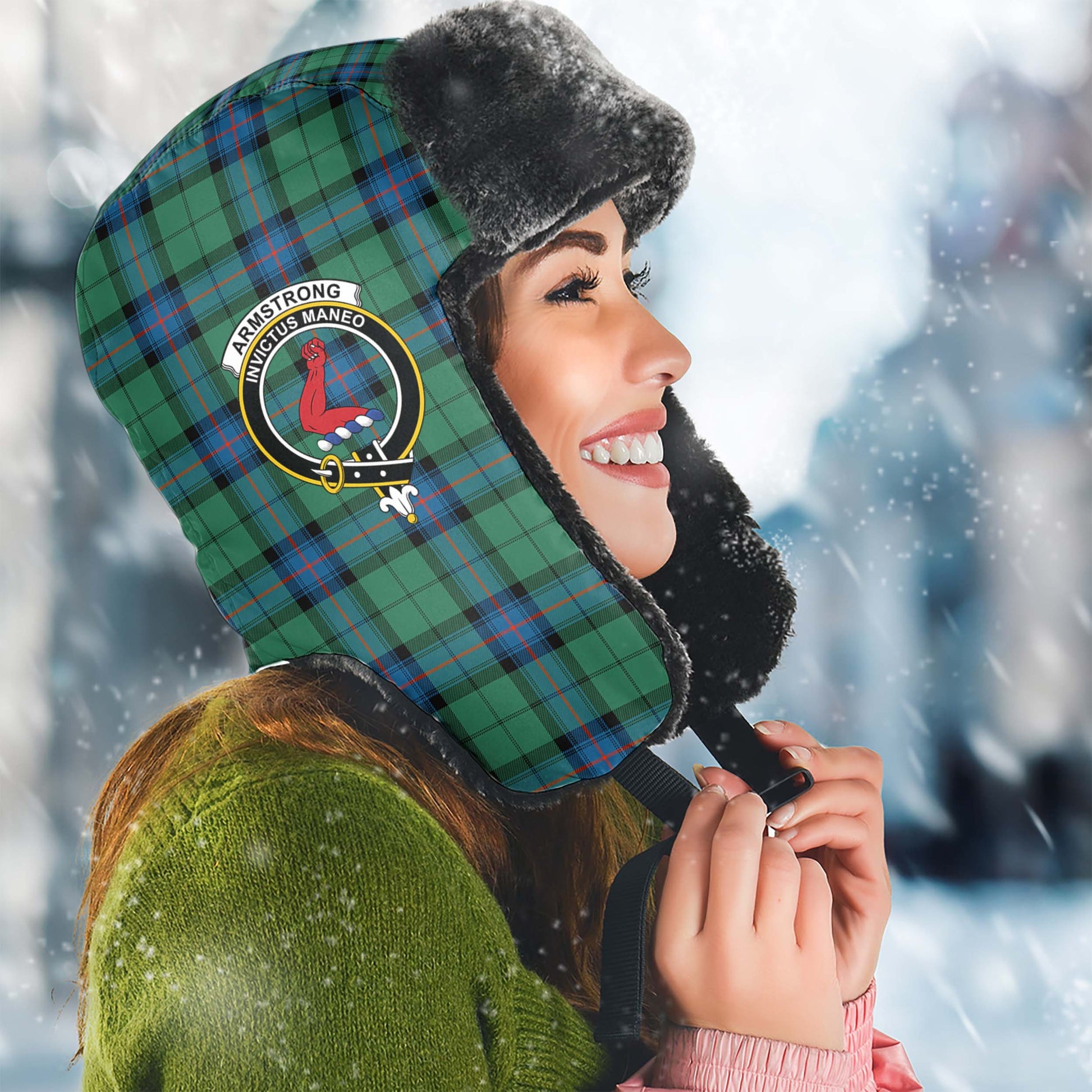 Armstrong Ancient Tartan Winter Trapper Hat with Family Crest Winter Trapper Hat Universal Fit Circumference 22.8in (58cm) - Tartanvibesclothing