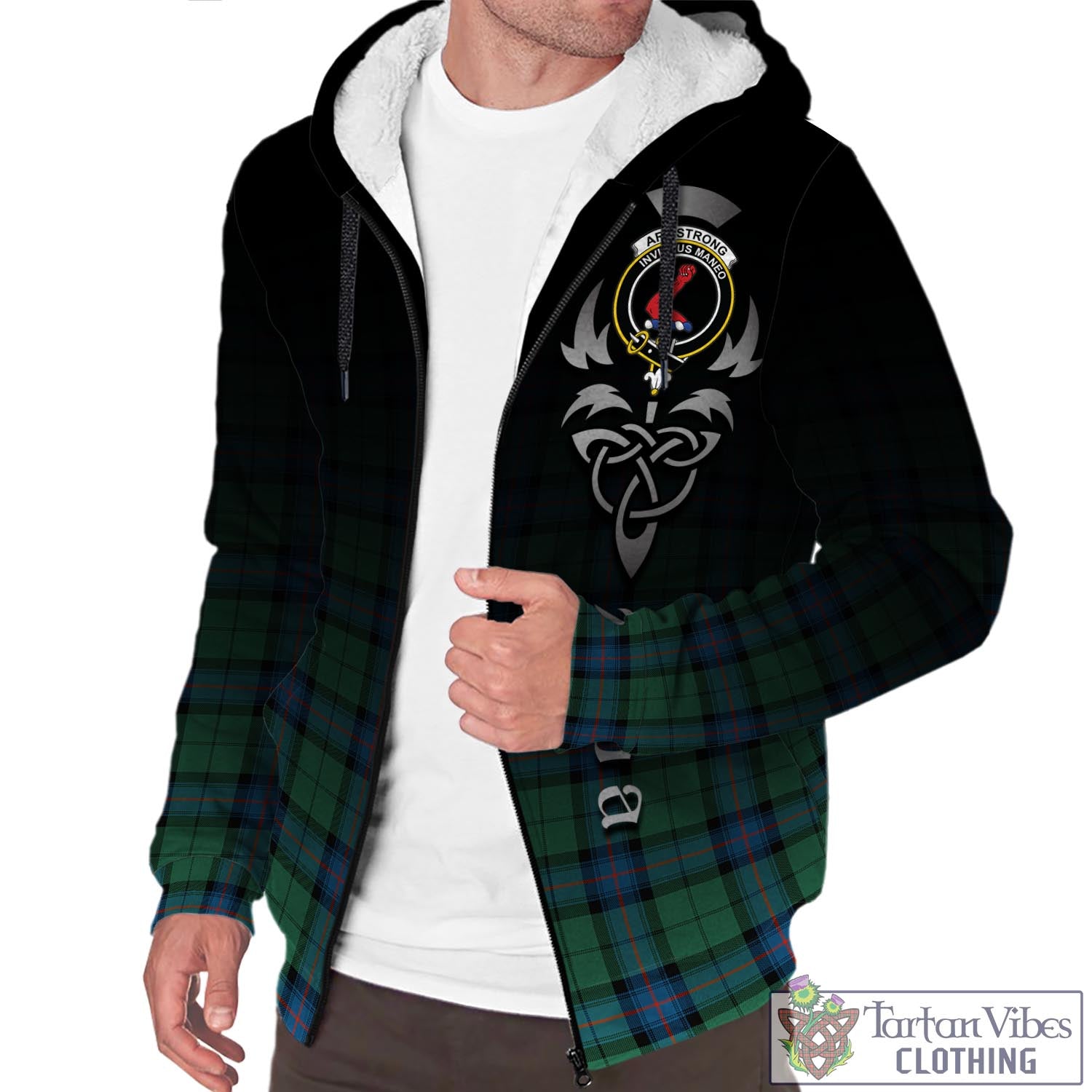 Tartan Vibes Clothing Armstrong Ancient Tartan Sherpa Hoodie Featuring Alba Gu Brath Family Crest Celtic Inspired