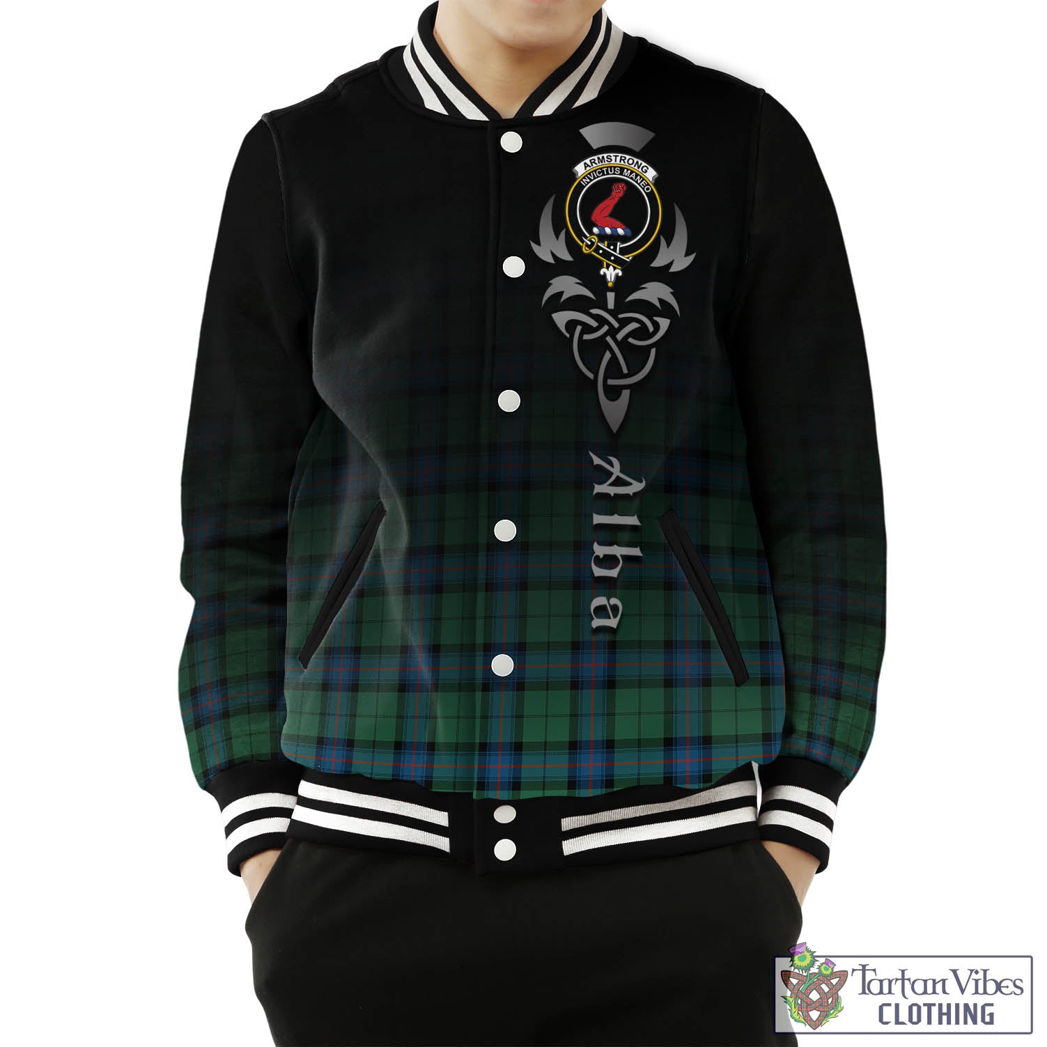 Tartan Vibes Clothing Armstrong Ancient Tartan Baseball Jacket Featuring Alba Gu Brath Family Crest Celtic Inspired