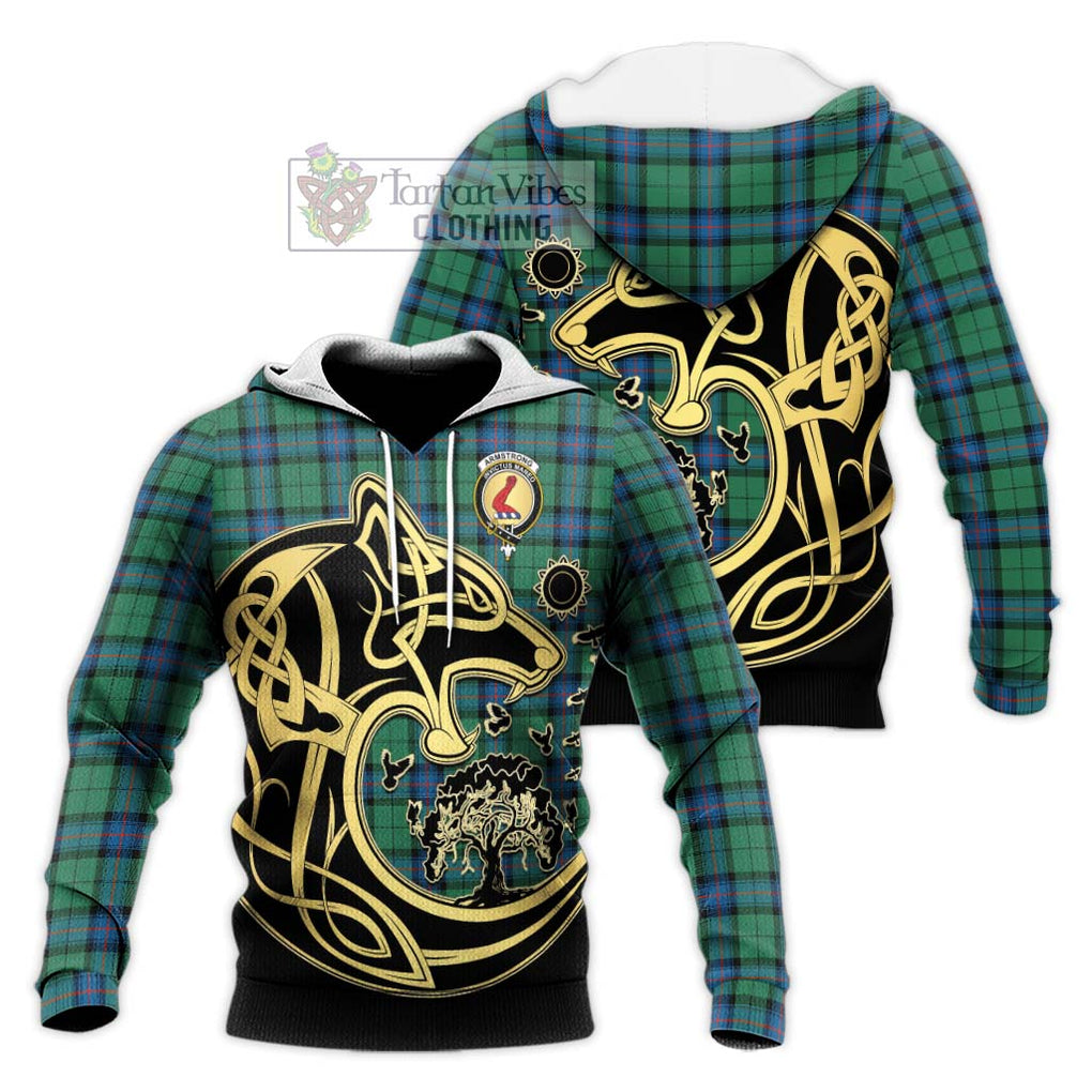 Armstrong Ancient Tartan Knitted Hoodie with Family Crest Celtic Wolf Style Unisex Knitted Pullover Hoodie - Tartan Vibes Clothing