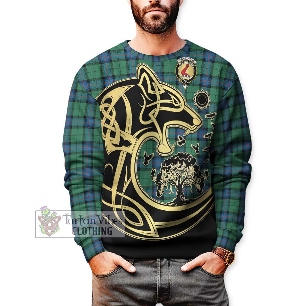 Armstrong Ancient Tartan Sweatshirt with Family Crest Celtic Wolf Style Unisex - Tartan Vibes Clothing