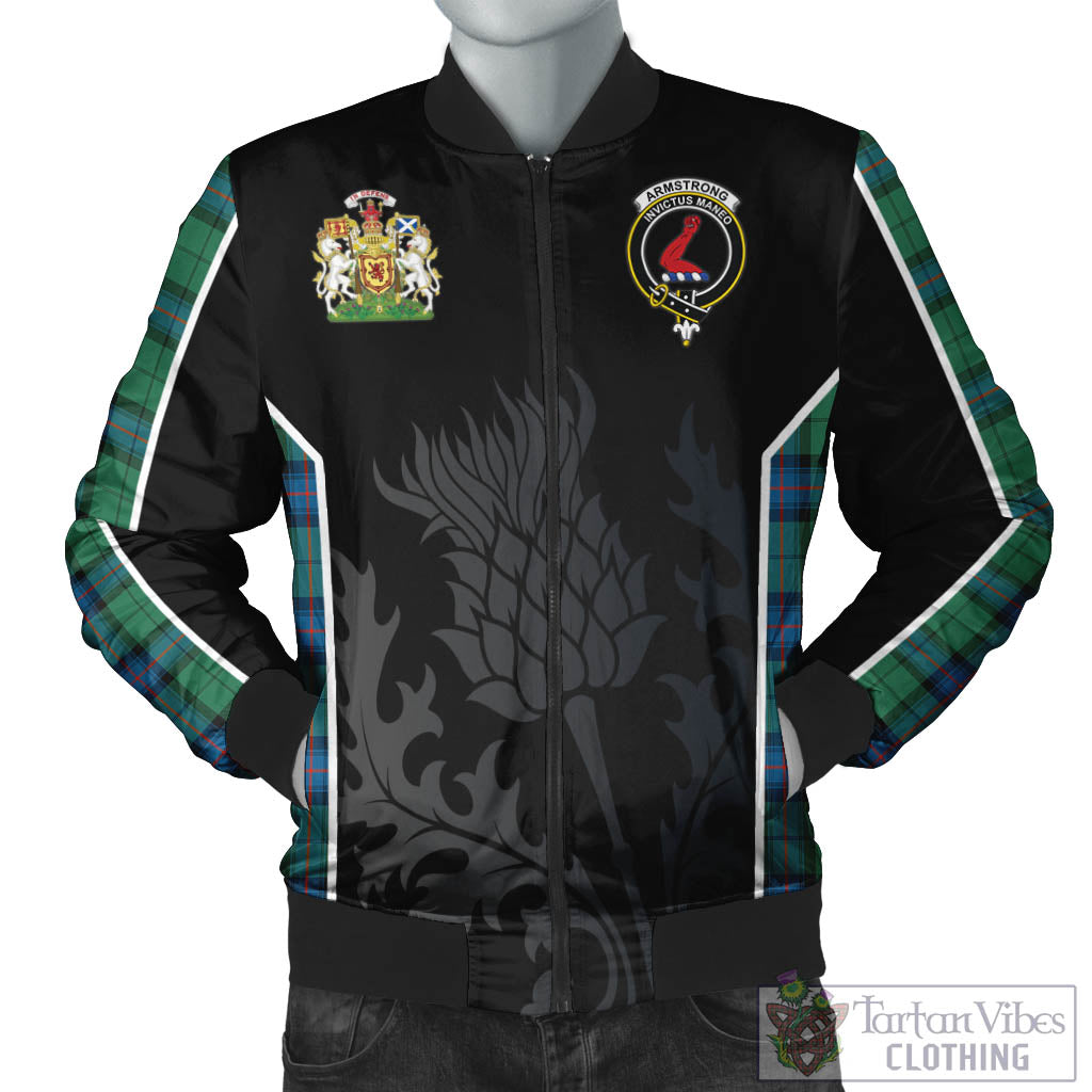 Tartan Vibes Clothing Armstrong Ancient Tartan Bomber Jacket with Family Crest and Scottish Thistle Vibes Sport Style