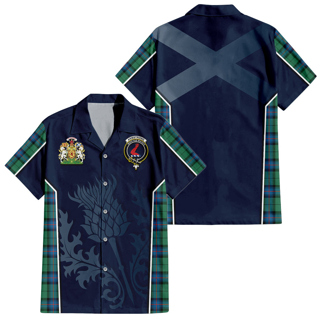 Tartan Vibes Clothing Armstrong Ancient Tartan Short Sleeve Button Up Shirt with Family Crest and Scottish Thistle Vibes Sport Style