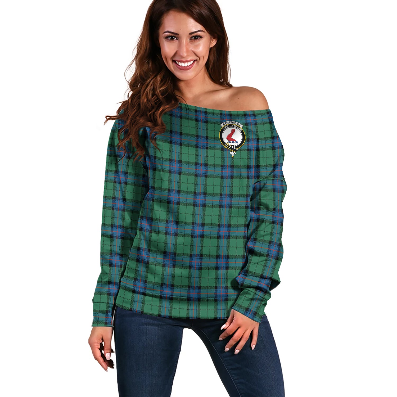 Armstrong Ancient Tartan Off Shoulder Women Sweater with Family Crest Women - Tartanvibesclothing