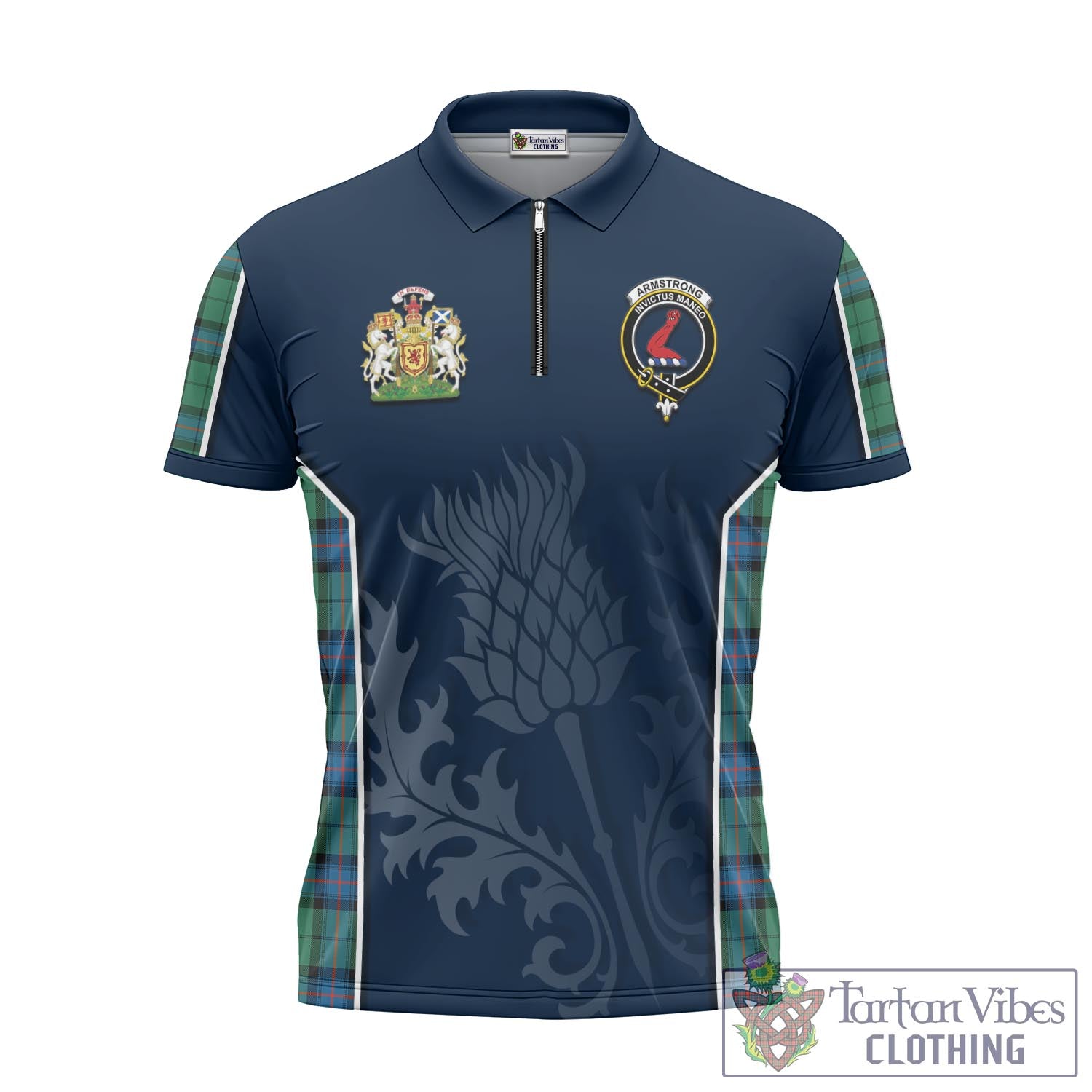 Tartan Vibes Clothing Armstrong Ancient Tartan Zipper Polo Shirt with Family Crest and Scottish Thistle Vibes Sport Style