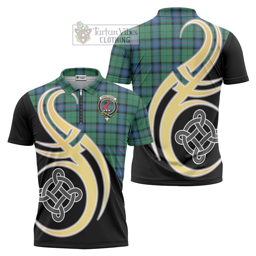 Tartan Vibes Clothing Armstrong Ancient Tartan Zipper Polo Shirt with Family Crest and Celtic Symbol Style