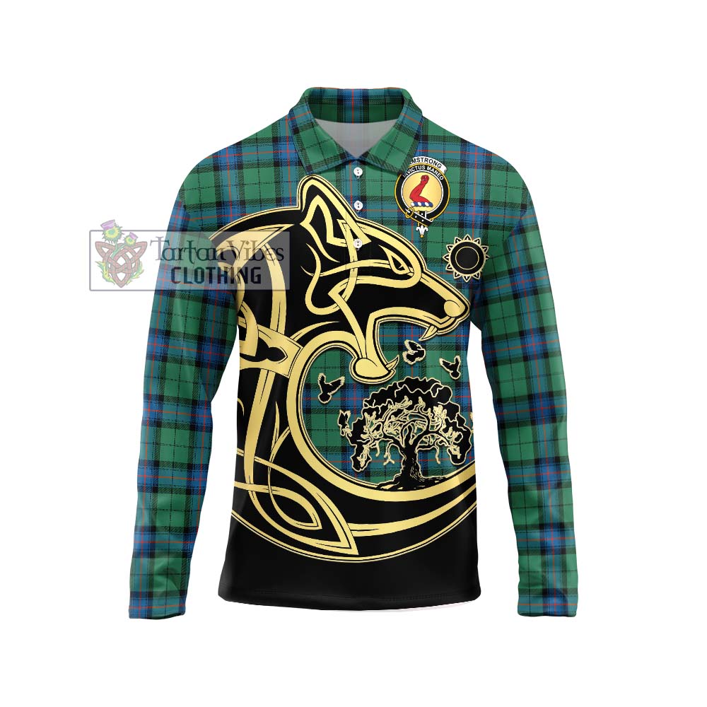 Armstrong Ancient Tartan Long Sleeve Polo Shirt with Family Crest Celtic Wolf Style Unisex - Tartanvibesclothing Shop